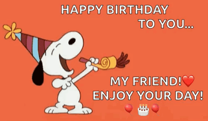 Happy Birthday Friend Snoopy Blowing Party Horns GIF