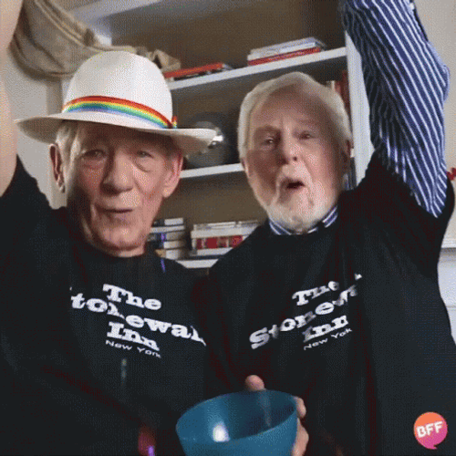 Happy Birthday Gay Couple Tossing Confetti GIF