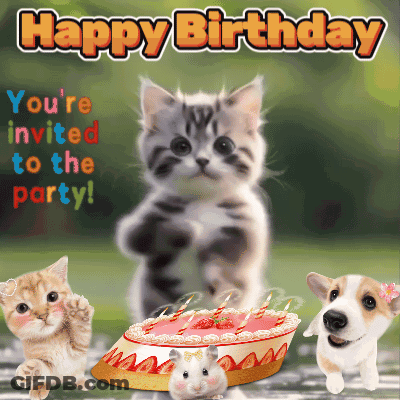 Happy Birthday Greeting Card Cat Dog Hamster GIF