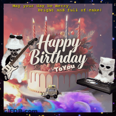 Happy Birthday Greeting Card Two Cats Playing Guitar And Keyboard GIF