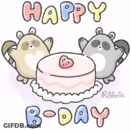 Happy Birthday Greeting Card With Cake And Three Animals GIF