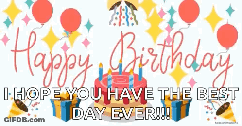 Happy Birthday Greeting Card With Cake Balloons Presents And Confetti GIF