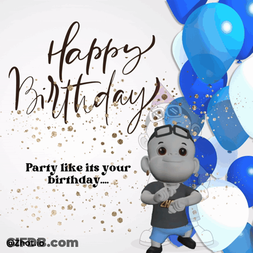 Happy Birthday Greeting Card With Cartoon And Blue Balloons GIF