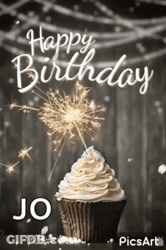 Happy Birthday Greeting Card With Cupcake And Sparkler GIF