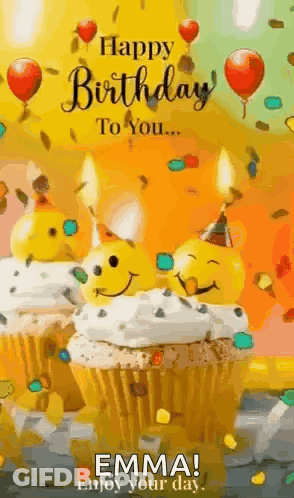 Happy Birthday Greeting Card With Cupcakes And Candles GIF