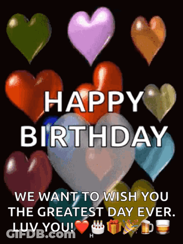 Happy Birthday Greeting Card With Hearts And Balloons GIF