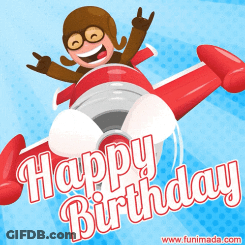 Happy Birthday Greeting Card With Man In Red Airplane GIF