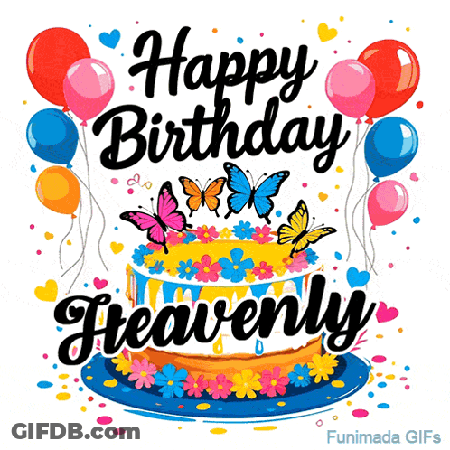 Happy Birthday Heavenly Card With Cake And Butterflies GIF