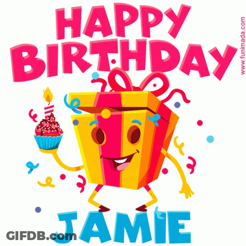 Happy Birthday Jamie Gift Holding Cupcake GIF