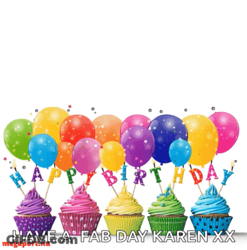 Happy Birthday Karen Cupcakes And Balloons Birthday Card GIF
