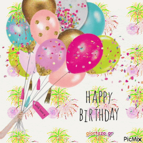 Happy Birthday Lady Colorful Fireworks Balloon GIF