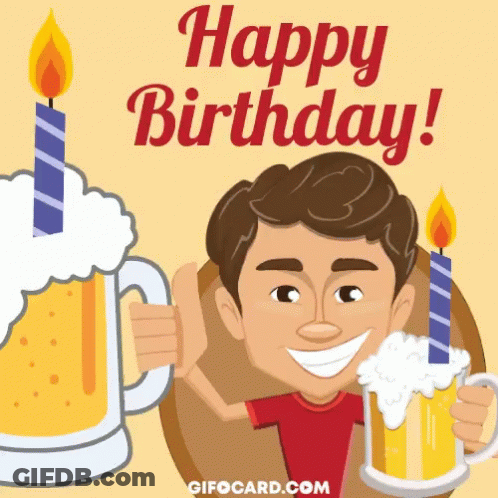 Happy Birthday Man Holding Two Beer Mugs And Candle GIF