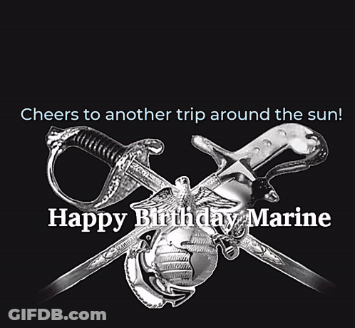 Happy Birthday Marine Card With Fireworks And Swords GIF