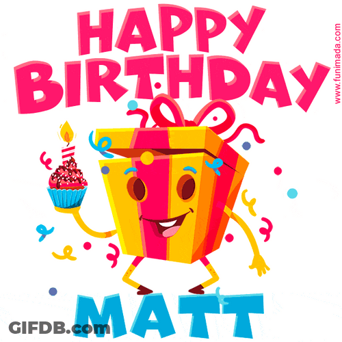 Happy Birthday Matt Jumping Gift Box Graphic Design GIF