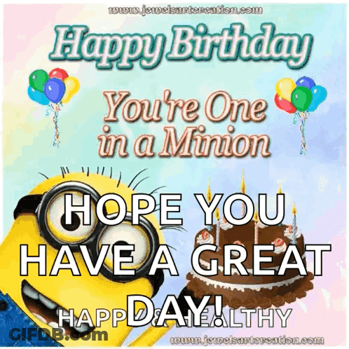Happy Birthday Minion Holding Cake And Balloons GIF