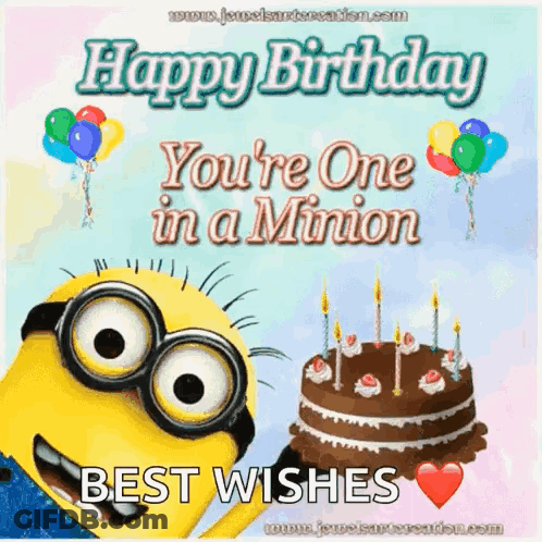 Happy Birthday Minion Holding Cake And Balloons GIF