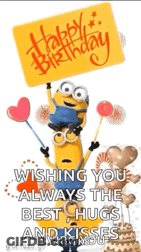 Happy Birthday Minions Holding Balloons And Cake GIF