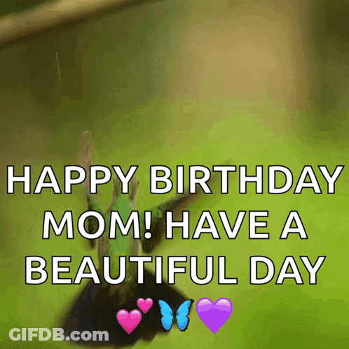 Happy Birthday Mom Message With Hummingbird And Hearts GIF