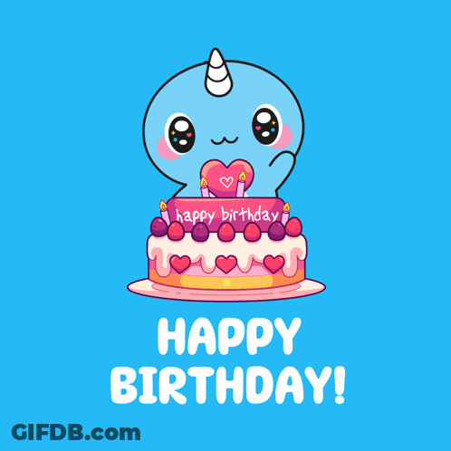 Happy Birthday Narwhal Holding Heart With Cake GIF