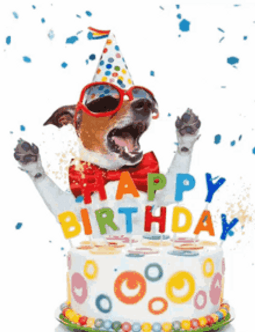 Happy Birthday Puppy With Cake And Falling Confetti GIF