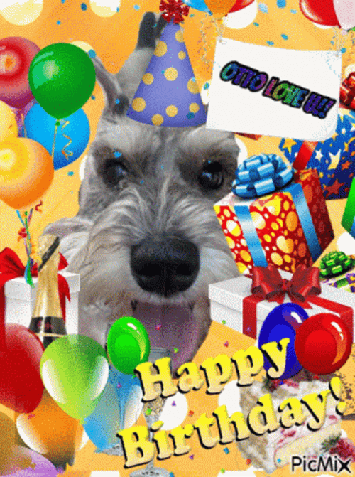 Happy Birthday Puppy With Gifts And Balloons Design GIF