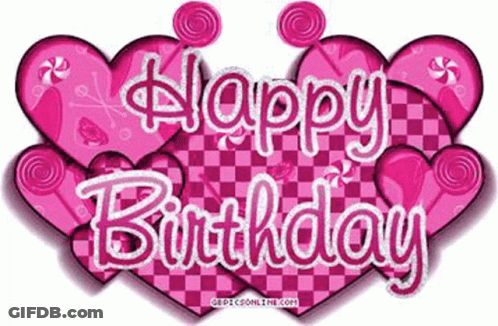 Happy Birthday Sign With Pink Hearts And Lollipops GIF