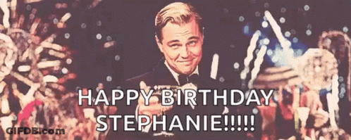 Happy Birthday Stephanie Poster With Tuxedo Man Pointing GIF