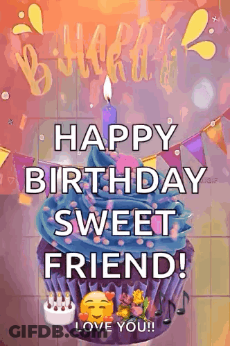 Happy Birthday Sweet Friend Cupcake With Blue Frosting And Candle GIF