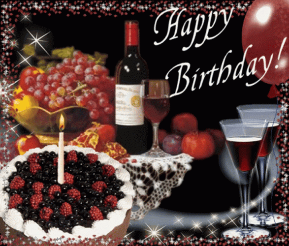 Happy Birthday Wine With Cake GIF