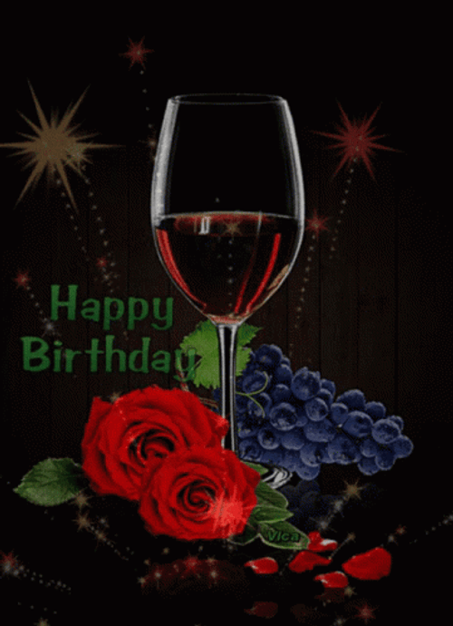 Happy Birthday Wine With Roses GIF