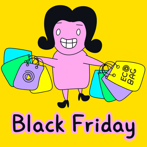 Happy Black Friday Animated Woman Holding Paper Bags GIF