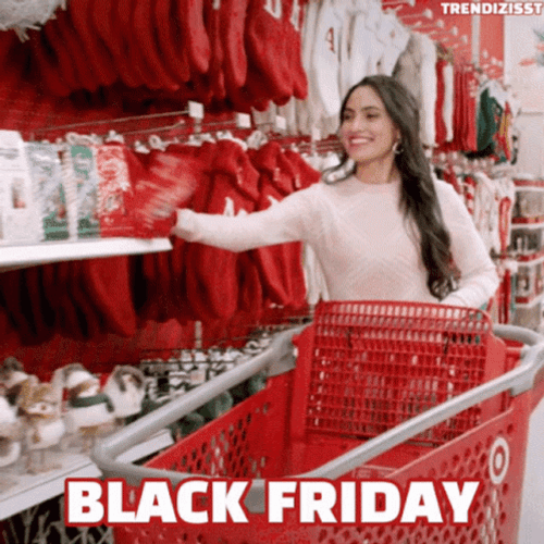 Happy Black Friday Woman Putting Products Into Cart GIF
