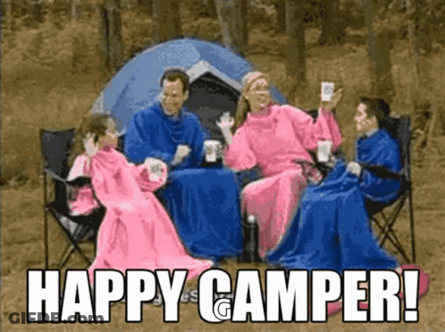 Happy Camper Group In Front Of Tent GIF