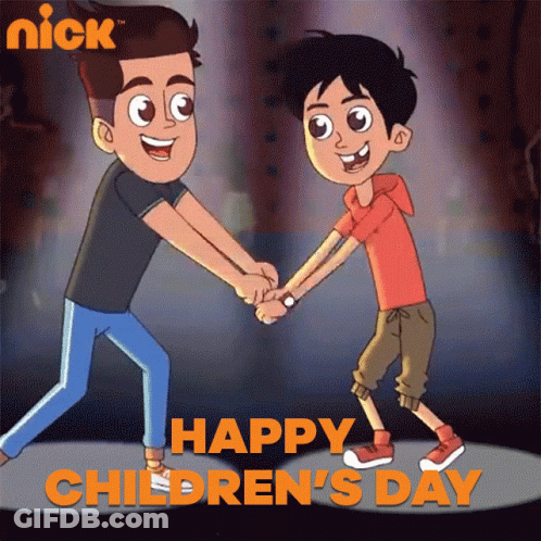 Happy Children's Day Cartoon Of Two Boys Holding Hands GIF