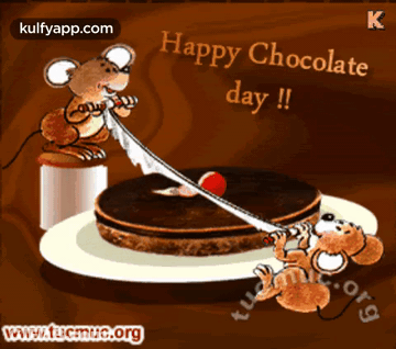 Happy Chocolate Day Greeting Two Mice Cutting Chocolate Cake GIF