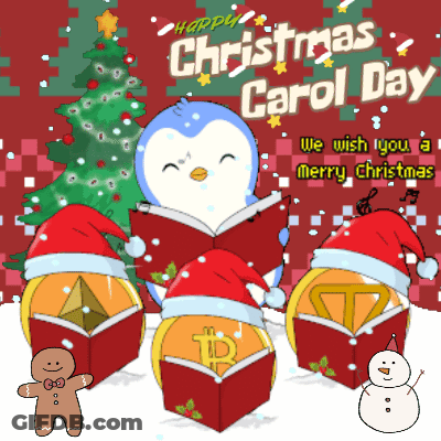 Happy Christmas Carol Day Greeting Card With Penguin Singing GIF