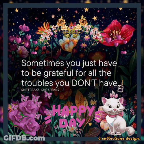 Happy Day Greeting Card With Flowers And Cat GIF