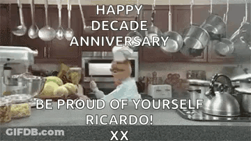 Happy Decade Anniversary Chef With Pots And Pans GIF