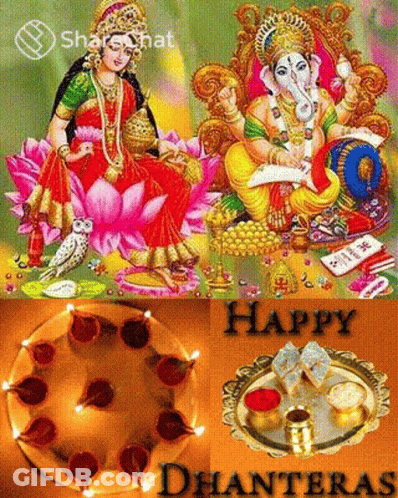 Happy Dhanteras Greeting Card With Collage Of Deities And Candles GIF