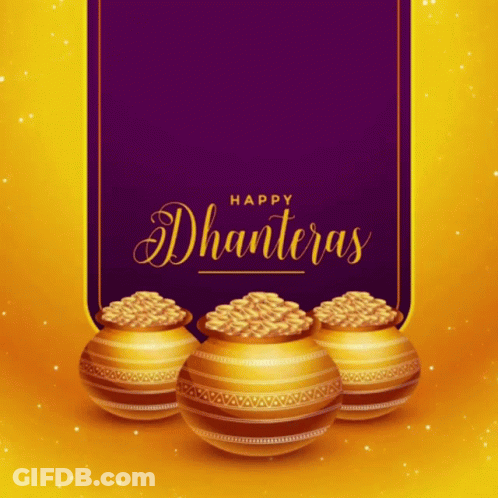 Happy Dhanteras Greeting Card With Gold Pots And Coins GIF
