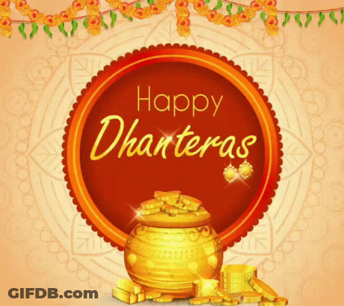 Happy Dhanteras Greeting Card With Pot Of Gold Coins GIF