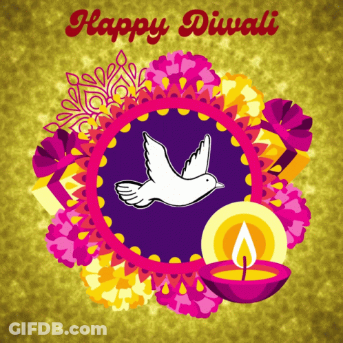 Happy Diwali Greeting Card With Dove And Candle GIF