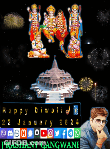 Happy Diwali Greeting Card With Temple And Fireworks GIF