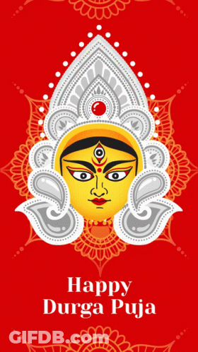Happy Durga Puja Yellow Face On Red Background GIF