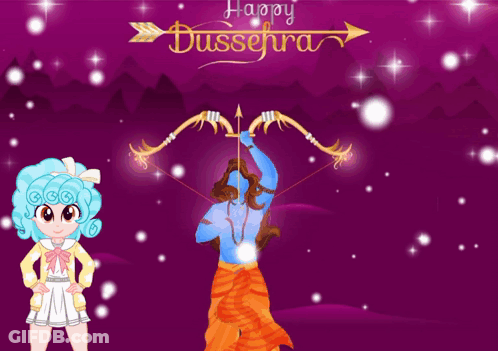 Happy Dussehra Greeting Card Girl And Man With Bow And Arrow GIF