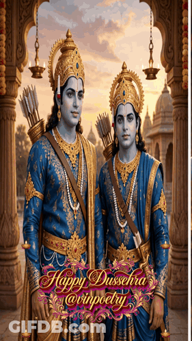 Happy Dussehra Greeting Card With Two Warriors GIF