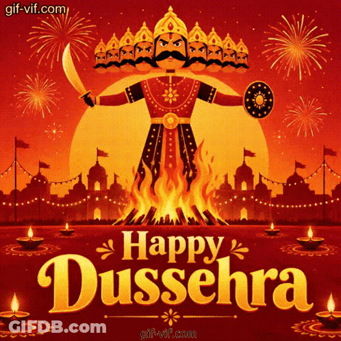 Happy Dussehra Poster With Warrior Statue GIF