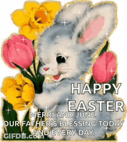 Happy Easter Merri And June Bunny Holding Flowers GIF