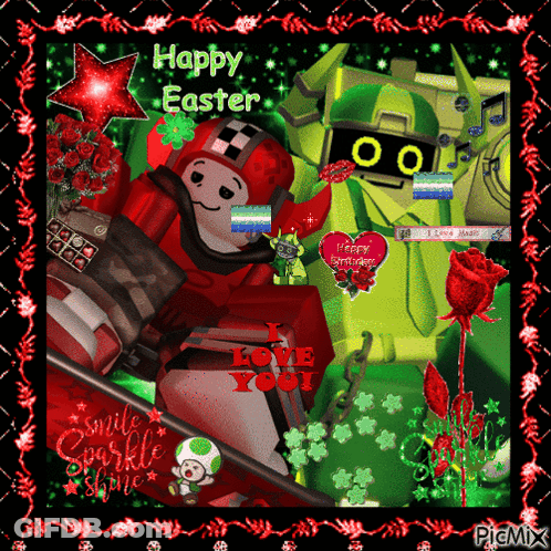 Happy Easter Robot With Flowers GIF