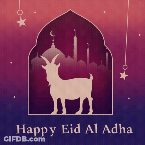 Happy Eid Al Adha Greeting With Goat And Mosque GIF